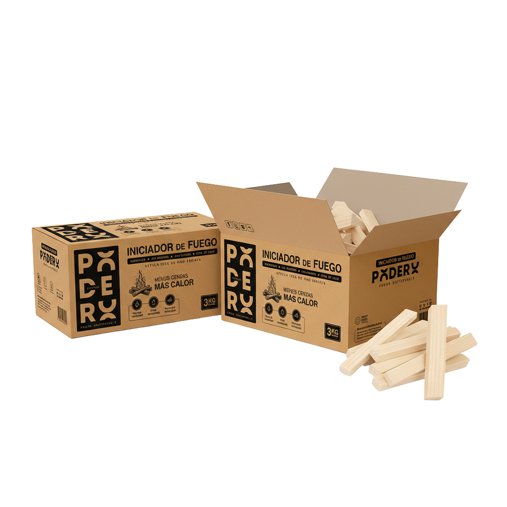 Dos cajas de iniciador de fuego de astilla seca natural de 3 kg cada una, total 6 kg para encendido de leña y briquetas.