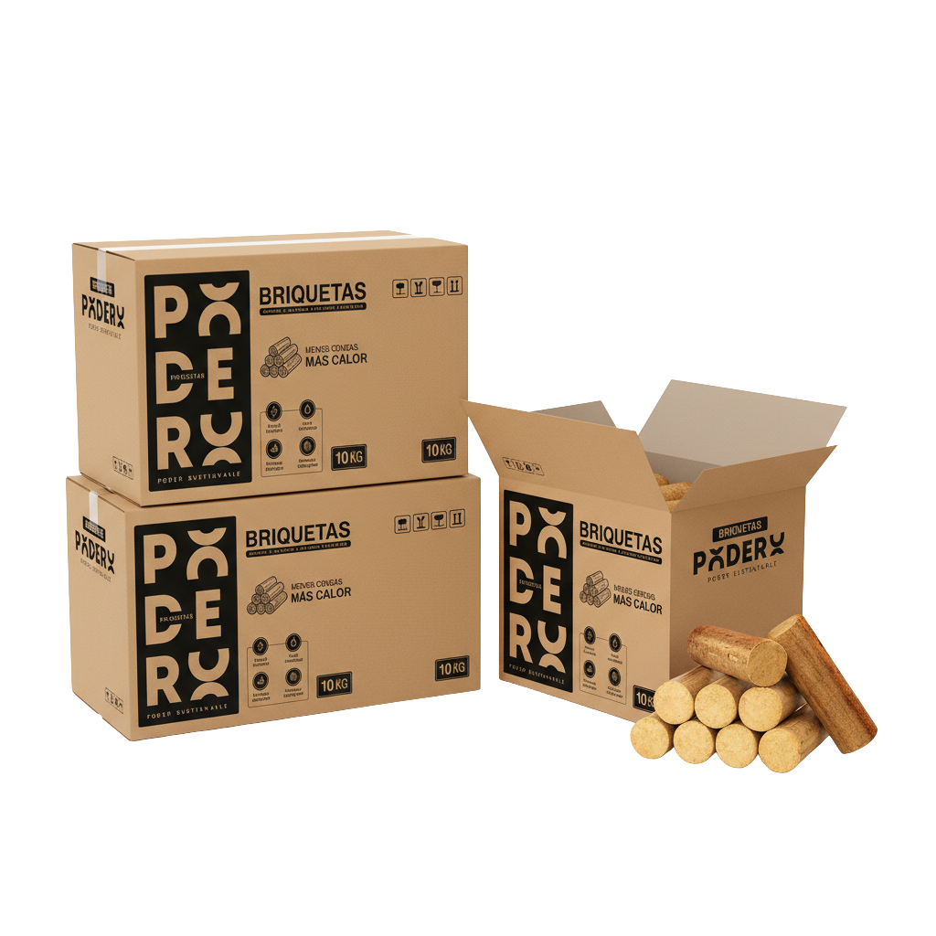 Caja de 10 kg de briquetas de madera cilíndricas para estufas a combustión lenta y chimeneas.